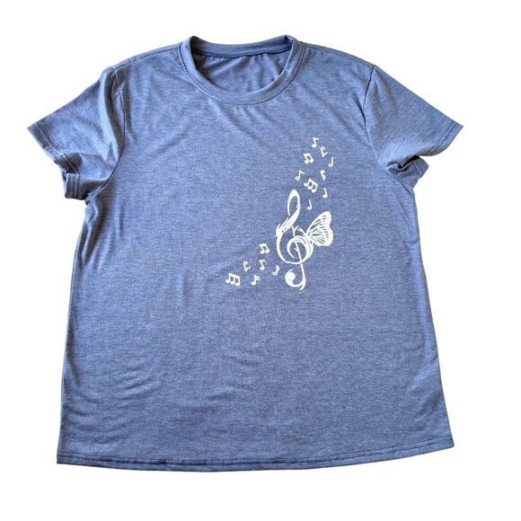 Butterfly Treble Clef Graphic Tee Size XL Music Notes Blue Short Sleeve Top - Picture 2 of 6
